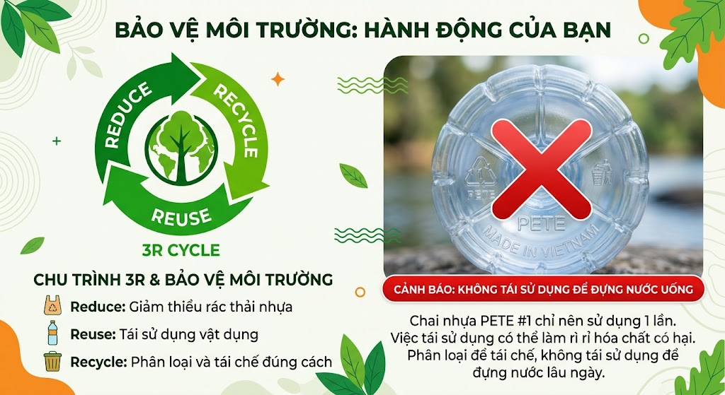 Hình về bảo vệ môi trường. Bên trái là logo Chu trình 3R (3 mũi tên màu xanh lá cây vòng tròn) với các từ Reduce, Reuse, Recycle. Bên phải là hình ảnh cận cảnh đáy một chai nhựa có biểu tượng hình tam giác với số 1 ở giữa và chữ PETE bên dưới, kèm theo một dấu X màu đỏ cảnh báo không tái sử dụng để đựng nước.