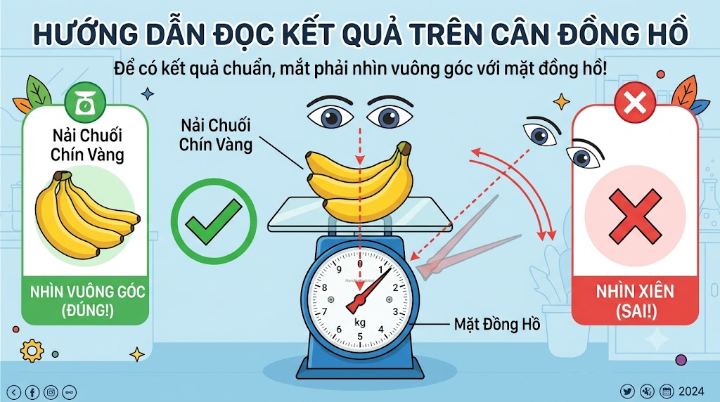 Hình minh họa một chiếc cân đồng hồ màu xanh đang cân một nải chuối chín vàng. Kèm theo đó là hình ảnh đôi mắt đang nhìn thẳng vuông góc vào mặt đồng hồ của cân (có biểu tượng ✔). Một đôi mắt khác nhìn xiên từ bên cạnh (có biểu tượng ❌). Đồ họa nhấn mạnh việc phải nhìn vuông góc để đọc kết quả chuẩn.