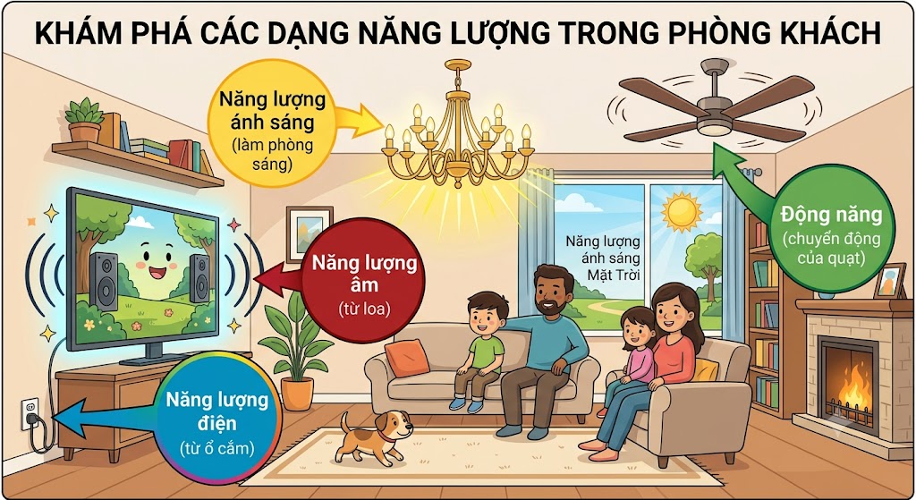 Bức tranh minh hoạ đồ hoạ phẳng dễ thương về các dạng năng lượng trong phòng khách. Vẽ một chiếc tivi đang bật (biểu diễn Năng lượng điện và Năng lượng âm), một chiếc quạt trần đang quay (biểu diễn Động năng), và một chiếc đèn chùm toả ánh sáng vàng (biểu diễn Năng lượng ánh sáng)