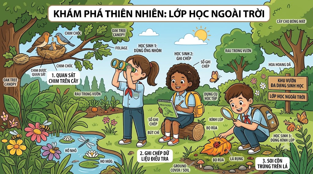 Hình minh hoạ đồ hoạ tươi sáng mang tính giáo dục. Một nhóm học sinh đang say sưa quan sát động vật trong một khu vườn. Một bé dùng ống nhòm nhìn lên tán cây xem chim chóc. Một bé khác đang ngồi xổm dùng kính lúp soi một con bọ rùa trên chiếc lá rụng. Bé còn lại dùng sổ và bút ghi chép