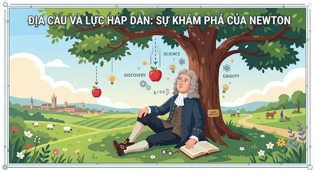 Hình minh hoạ đồ hoạ phẳng mang tính giáo dục khoa học, phong cách sách giáo khoa. Bức tranh vẽ nhà bác học Isaac Newton mặc trang phục châu Âu thế kỉ 17 đang ngồi suy ngẫm dưới một gốc cây táo lớn râm mát. Có một quả táo chín màu đỏ đang rơi từ cành cây xuống ngay sát đầu ông, với đường nét đứt thể hiện quỹ đạo rơi. Bức tranh thể hiện sự khám phá ra lực hút của Trái Đất, màu sắc tươi sáng, dễ thương.