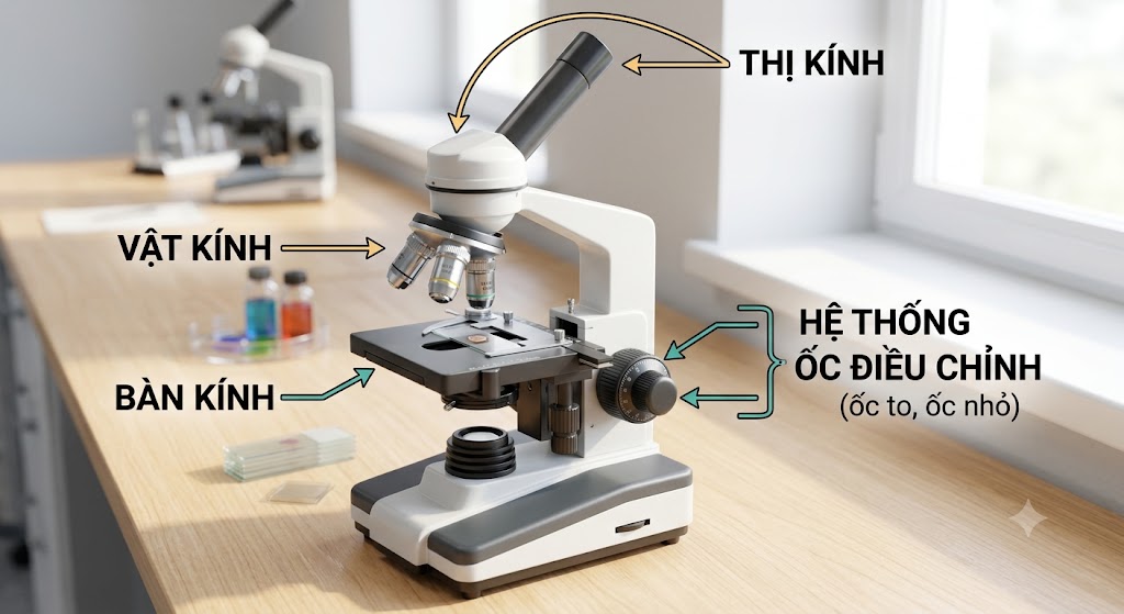 Hình minh hoạ 3D một chiếc kính hiển vi quang học đặt trên bàn thí nghiệm
