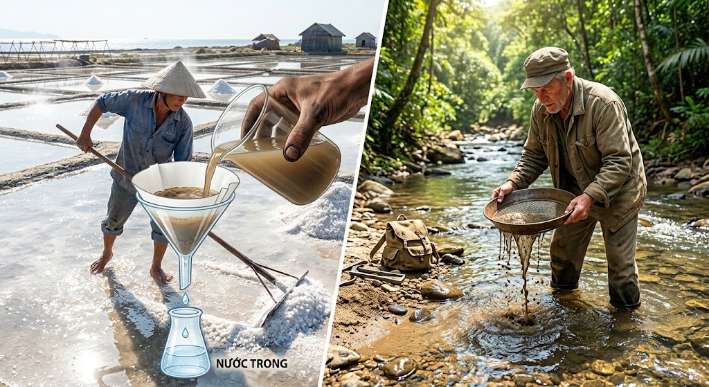 Hình mô phỏng quá trình Lọc nước. Gồm hình ảnh một chiếc phễu thuỷ tinh có đặt giấy lọc màu trắng bên trong. Một bàn tay đang rót cốc nước đục ngầu (hỗn hợp bùn đất) vào phễu. Phía dưới đuôi phễu, những giọt nước trong vắt đang rỏ xuống một chiếc bình hứng.