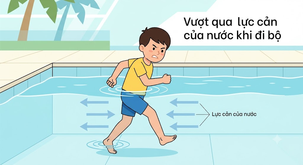 Bức tranh vẽ một cậu bé đang cố gắng lội đi bộ qua một bể bơi ngập đến ngang eo, nét mặt thể hiện sự vất vả tốn nhiều sức lực. Có các mũi tên màu xanh nhạt đâm ngược lại hướng di chuyển của cậu bé để biểu diễn lực cản của nước.