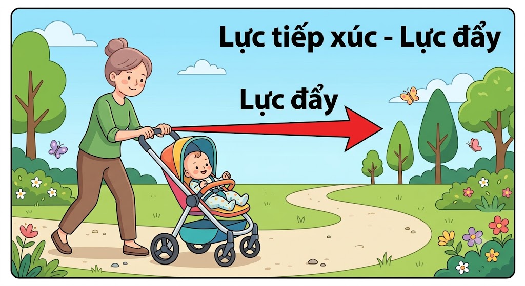Bức tranh vẽ một người mẹ hiền từ đang dùng hai tay đẩy một chiếc xe nôi em bé đi về phía trước trên công viên. Có một mũi tên màu đỏ mũi nhọn hướng về phía trước minh hoạ cho 