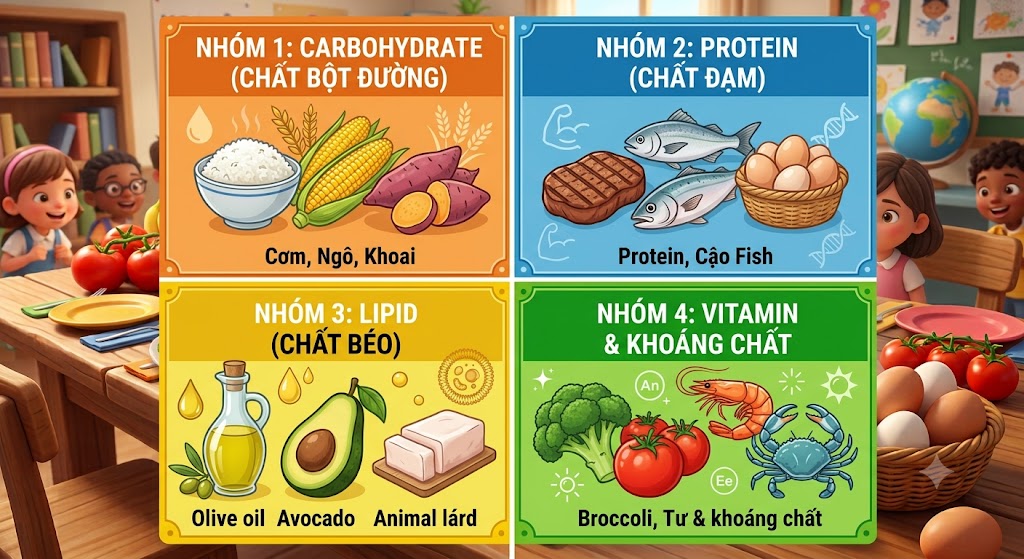 4 nhóm chất dinh dưỡng. Góc 1 (Carbohydrate): Cơm, ngô, khoai. Góc 2 (Protein): Thịt bò, cá, trứng gà. Góc 3 (Lipid): Dầu ăn, quả bơ, mỡ. Góc 4 (Vitamin & Khoáng chất): Bông cải xanh, cà chua, tôm, cua. Mỗi góc có màu sắc phân biệt rõ ràng, sinh động.
