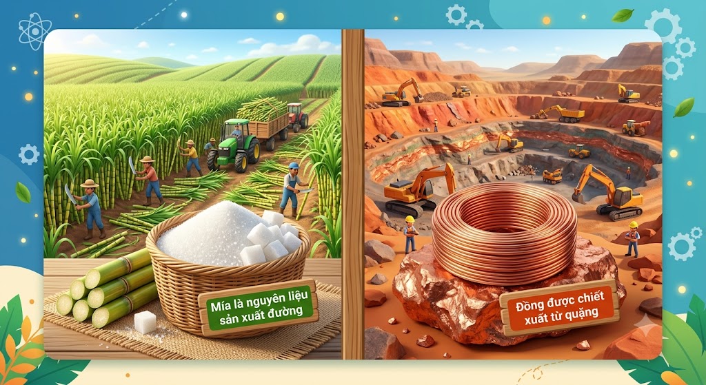 Hình minh hoạ Nửa bên trái là một cánh đồng mía xanh mướt đang thu hoạch và một rổ đường trắng tinh (chú thích: Mía là nguyên liệu sản xuất đường). Nửa bên phải là một mỏ đất quặng màu đỏ cam và một cuộn dây điện bằng đồng sáng bóng.