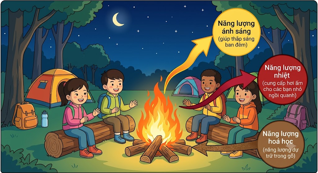 Một bức tranh vẽ cảnh cắm trại ban đêm. Ở giữa là một đống lửa trại đang cháy bùng lên rực rỡ. Có các mũi tên chỉ ra từ đống lửa kèm theo các nhãn chú thích: Mũi tên màu vàng ghi 