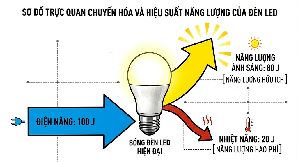 Vẽ một chiếc bóng đèn LED hiện đại đang toả sáng. Có một mũi tên lớn màu xanh dương đi vào đuôi đèn, ghi 