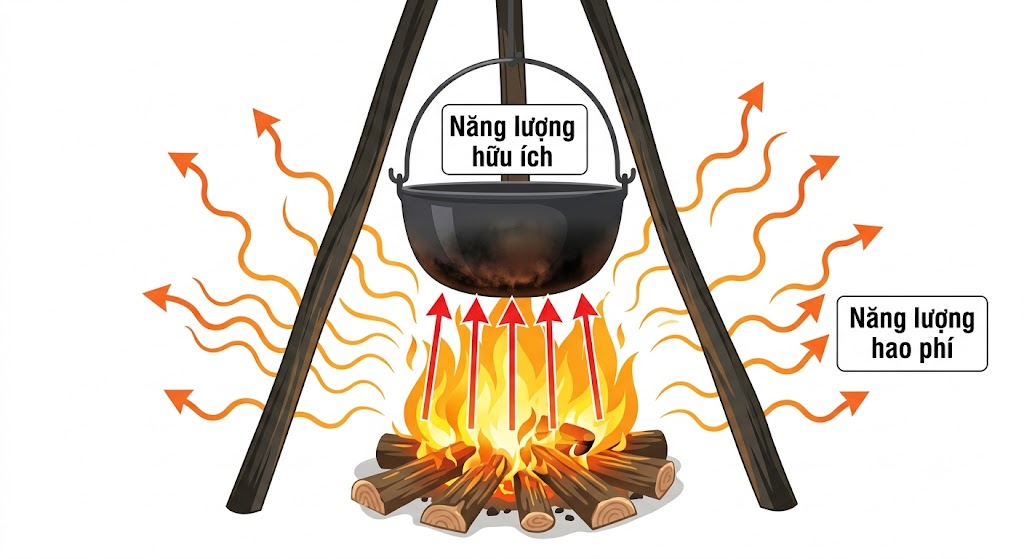 Vẽ một chiếc nồi đang được treo trên ngọn lửa bếp củi đang cháy rực. Có mũi tên màu đỏ chỉ từ ngọn lửa hướng thẳng lên đáy nồi, chú thích 