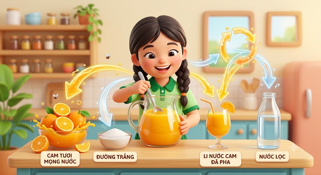 Một bạn học sinh đang vui vẻ pha một bình nước cam lớn. Trên bàn có các nguyên liệu: những quả cam tươi mọng nước, một bát đường trắng, một bình nước lọc trong suốt và một li nước cam đã pha xong có màu vàng cam đẹp mắt. Phía trên có các mũi tên hội tụ từ các nguyên liệu vào li nước cam, thể hiện sự kết hợp các chất.