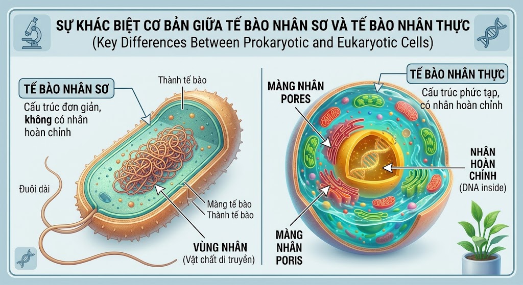 Hình minh hoạ so sánh 2 loại tế bào. Bên trái là Tế bào nhân sơ (hình dạng như một viên nhộng vi khuẩn có đuôi dài), bên trong chỉ có các sợi ADN cuộn xoắn lộn xộn (Vùng nhân). Bên phải là Tế bào nhân thực (hình cầu phức tạp), chính giữa có một khối nhân được bao bọc cẩn thận bởi một lớp màng có lỗ rỗ. Có chú thích rõ tên 2 loại tế bào.