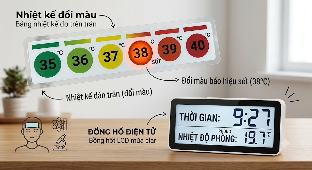 Hình minh họa một dải băng dán trán đo nhiệt độ (Nhiệt kế đổi màu). Trên dải băng có các ô số 35, 36, 37, 38, 39, 40°C. Ô số 38°C đang phát sáng đổi màu để báo hiệu người bệnh đang bị sốt. Bên dưới là hình ảnh một chiếc đồng hồ điện tử hiện số 9:27 hiển thị cả nhiệt độ phòng là 19.7°C.