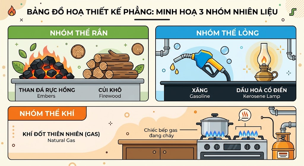 Bảng đồ hoạ thiết kế phẳng minh hoạ 3 nhóm nhiên liệu. Nhóm thể rắn: Hình ảnh đống than đá đen nhánh rực hồng và những thanh củi khô. Nhóm thể lỏng: Hình ảnh vòi bơm xăng ô tô đang chảy và chiếc đèn dầu hoả cổ điển. Nhóm thể khí: Hình ảnh chiếc bếp gas đang cháy với ngọn lửa màu xanh lam đặc trưng. Có chú thích rõ tên từng loại.