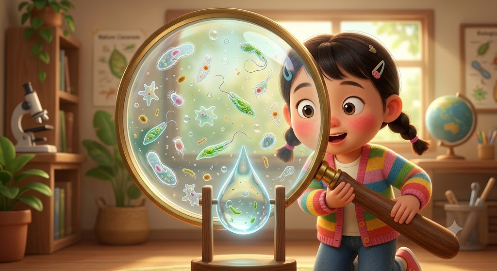 Hình minh họa Một giọt nước ao được phóng to qua một chiếc kính lúp khổng lồ. Bên trong giọt nước là những sinh vật nhỏ xíu, trong suốt với nhiều hình thù kì lạ (như hình chiếc giày, hình có roi dài, hình dạng biến đổi liên tục) đang bơi lội tung tăng. Một bạn nhỏ đang tròn xoe mắt ngạc nhiên quan sát.