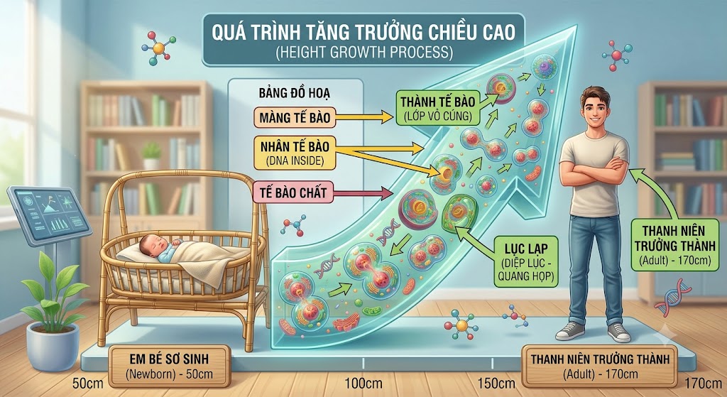 Hình minh hoạ 3D một thước đo chiều cao. Một bên là em bé sơ sinh nằm nôi (50cm), một bên là một nam thanh niên trưởng thành đứng thẳng (170cm). Phía sau có một mũi tên khổng lồ hướng lên trên, bên trong mũi tên vẽ vô số các tế bào đang nhân lên. Khung cảnh tươi sáng, khơi gợi trí tò mò.