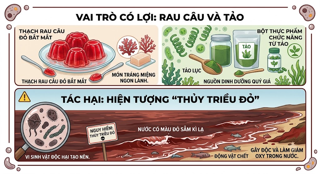 Khung trên là vai trò có lợi: Hình ảnh đĩa thạch rau câu màu đỏ bắt mắt và bột thực phẩm chức năng từ tảo (mô phỏng Hình 30.2). Khung dưới là tác hại: Hình ảnh hiện tượng 