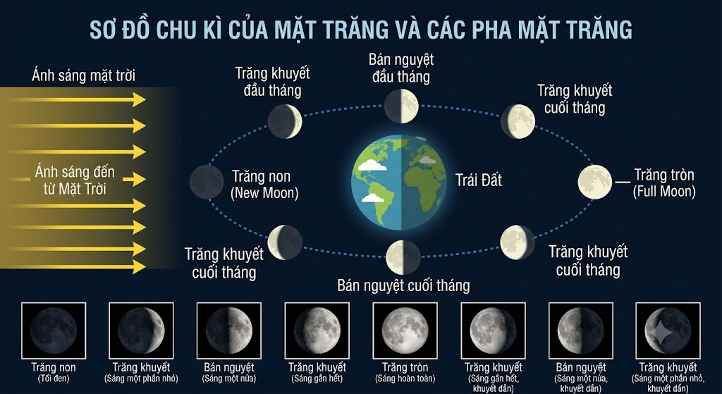  Bức tranh minh hoạ đồ hoạ về chu kì của Mặt Trăng. Ở giữa là Trái Đất màu xanh lơ. Xung quanh Trái Đất là một quỹ đạo hình elip nét đứt, trên đó có vẽ 8 trạng thái của Mặt Trăng ở các vị trí khác nhau. Bên trái có các mũi tên màu vàng song song chỉ 
