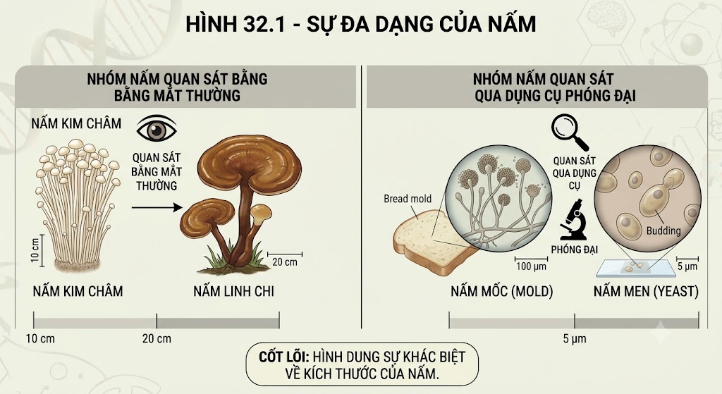 Hình minh hoạ Hình 32.1 - Sự đa dạng của nấm. Hình ảnh chia làm hai nhóm rõ rệt: Nhóm nhìn bằng mắt thường (nấm kim châm, nấm linh chi) và Nhóm phải soi dưới kính hiển vi/kính lúp (nấm mốc, nấm men). Đây là hình ảnh cốt lõi để các em hình dung được sự khác biệt về kích thước của nấm.