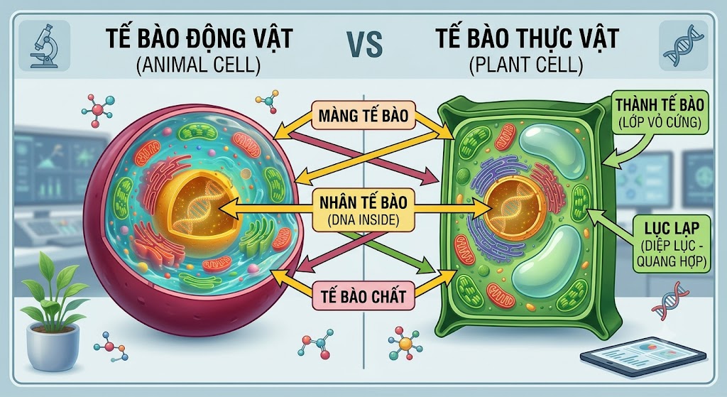 So sánh Tế bào động vật và Tế bào thực vật. Tế bào động vật hình tròn màu hồng sẫm. Tế bào thực vật hình chữ nhật góc cạnh màu xanh lá cây. Có các mũi tên chéo kết nối những điểm chung (Màng, Nhân, Tế bào chất) và các mũi tên chỉ riêng vào Tế bào thực vật làm nổi bật 