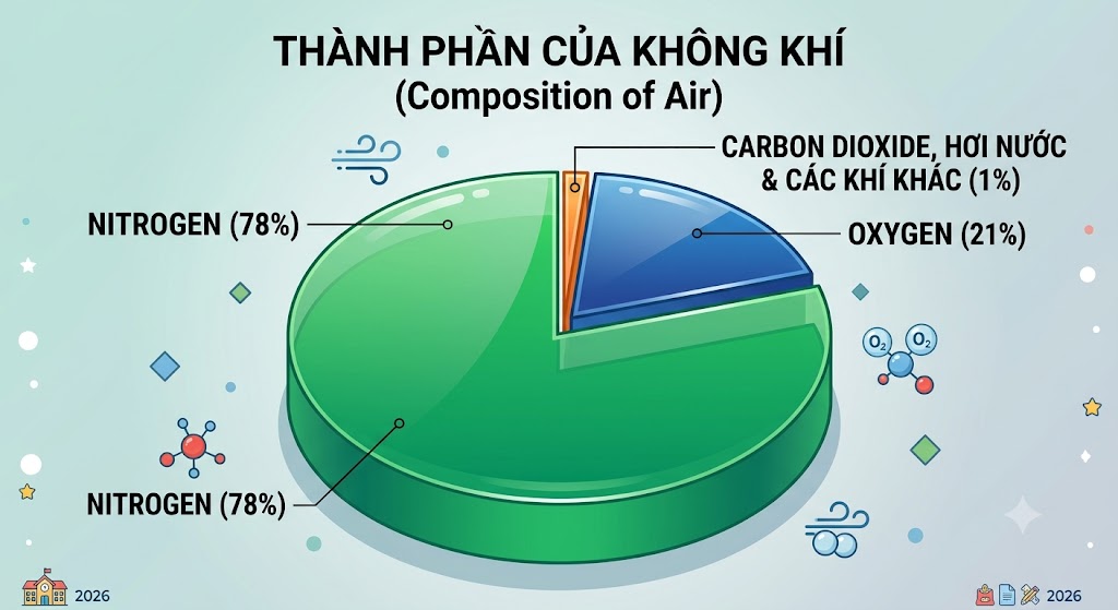 Ảnh chia tỉ lệ các thành phần của không khí. Miếng bánh màu xanh lá cây khổng lồ chiếm 78% (chú thích: Nitrogen). Miếng bánh màu xanh dương chiếm 21% (chú thích: Oxygen). Miếng bánh nhỏ xíu màu cam chiếm 1% (chú thích: Carbon dioxide, hơi nước và các khí khác