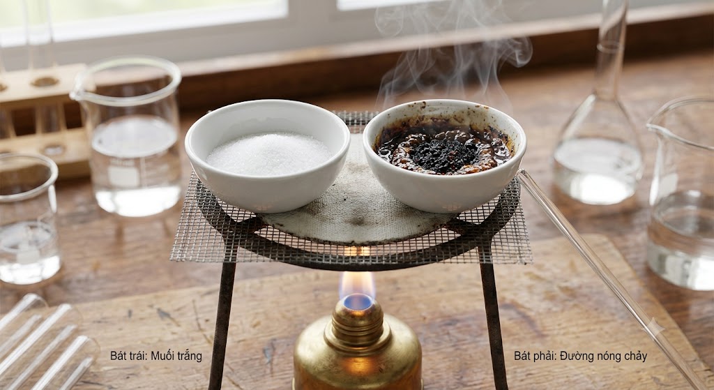 Hình minh hoạ hai chiếc bát sứ nhỏ đặt trên lưới tản nhiệt nung bằng đèn cồn. Bát bên trái chứa muối trắng vẫn giữ nguyên màu sắc. Bát bên phải chứa đường đang bị đun nóng chảy thành hỗn hợp màu đen sẫm, hơi bốc khói lên.