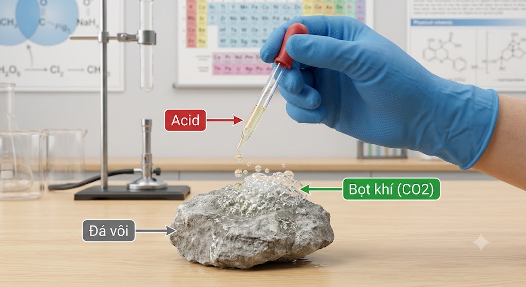 Mô phỏng thí nghiệm đá vôi. Một bàn tay đang đeo găng tay cao su màu xanh, dùng ống hút pipet nhỏ dung dịch acid lên một viên đá vôi màu xám nhạt. Tại vị trí dung dịch rơi xuống, có các bọt khí nổi bọt sủi lên sùng sục. Có chú thích rõ ràng chữ 