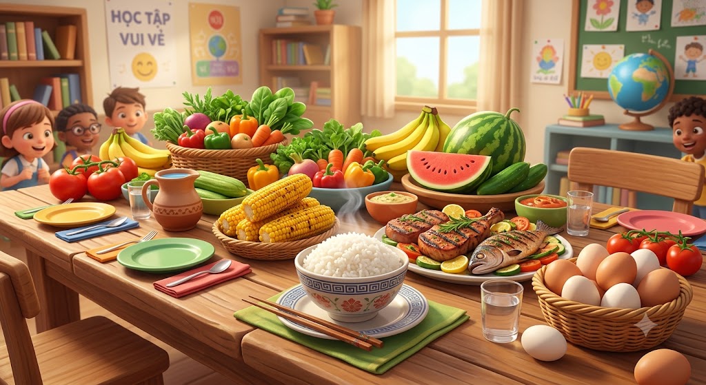 Hình minh hoạTrên một chiếc bàn ăn lớn bày biện rất nhiều loại đồ ăn: Một bát cơm trắng bốc khói, vài bắp ngô, một đĩa thịt cá nướng, một rổ trứng gà, và rất nhiều rau củ quả tươi ngon (cà chua, chuối, dưa hấu...). Bức ảnh tạo cảm giác hấp dẫn, kích thích vị giác và sự tò mò của học sinh.