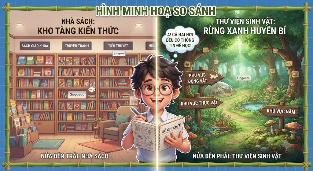Hình minh hoạ: Nửa bên trái là một nhà sách với các giá sách được phân loại rõ ràng (Sách giáo khoa, truyện tranh, tiểu thuyết...). Nửa bên phải là một 