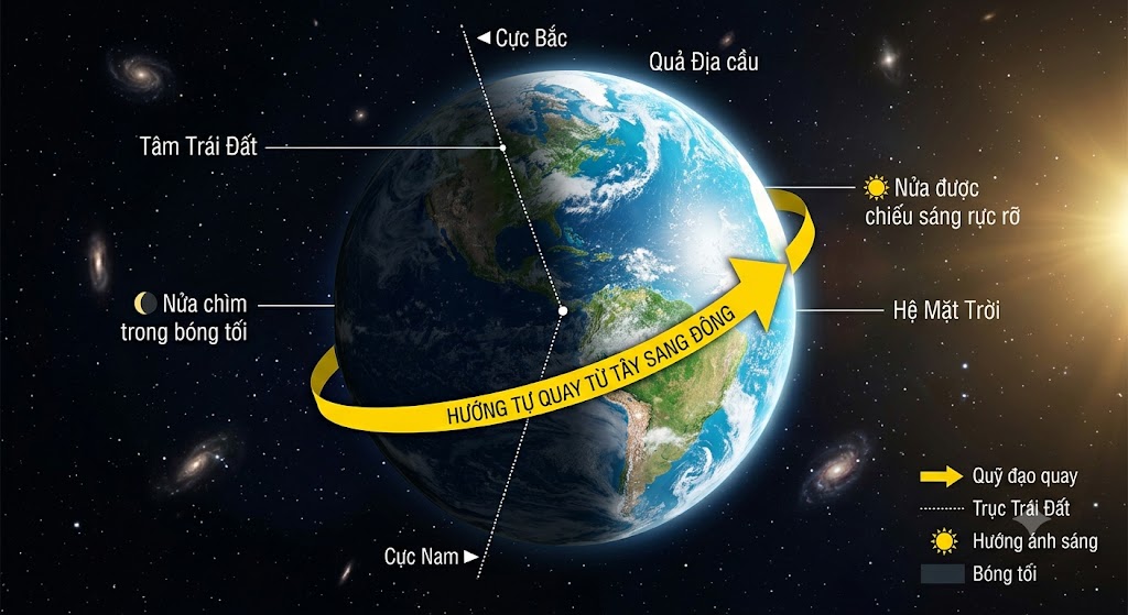 Trái Đất trong vũ trụ. Vẽ quả địa cầu màu xanh lơ đang nghiêng trên một trục tưởng tượng có đường nét đứt đi qua cực Bắc và cực Nam. Xung quanh bề mặt Trái Đất có một mũi tên cong màu vàng chỉ hướng quay từ Tây sang Đông. Nửa bên phải quả địa cầu được chiếu sáng rực rỡ bởi Mặt Trời, nửa bên trái chìm trong bóng tối. Không gian nền là vũ trụ đầy sao.
