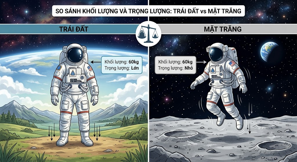  Hình minh hoạ khoa học chia làm 2 nửa dọc để so sánh. Nửa bên trái vẽ một phi hành gia đang đứng hai chân vững chắc trên mặt đất (Trái Đất), có bảng chú thích nhỏ ghi 