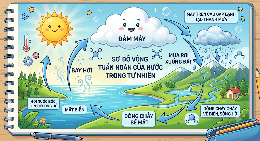 Sơ đồ vòng tuần hoàn của nước trong tự nhiên. Mũi tên chỉ nước từ mặt biển, sông hồ bốc hơi lên (Bay hơi) tạo thành mây. Mây trên cao gặp lạnh tạo thành mưa rơi xuống đất (Ngưng tụ). Khung cảnh có mặt trời tươi sáng, mây trắng, mưa và núi đồi xanh mướt.