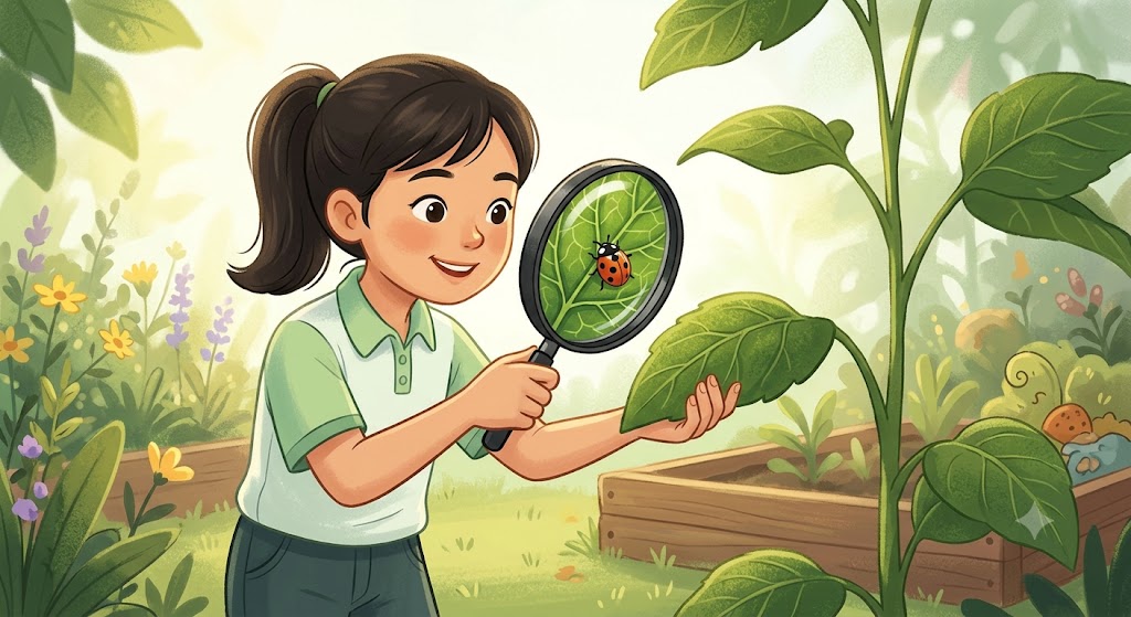 Hình minh họa một học sinh đang cầm kính lúp quan sát bề mặt của một chiếc lá cây (hoặc một con bọ cánh cứng). Chiếc kính lúp được giữ chắc chắn, phóng to rõ nét các gân lá ở phần được kính soi vào. Ánh sáng tự nhiên