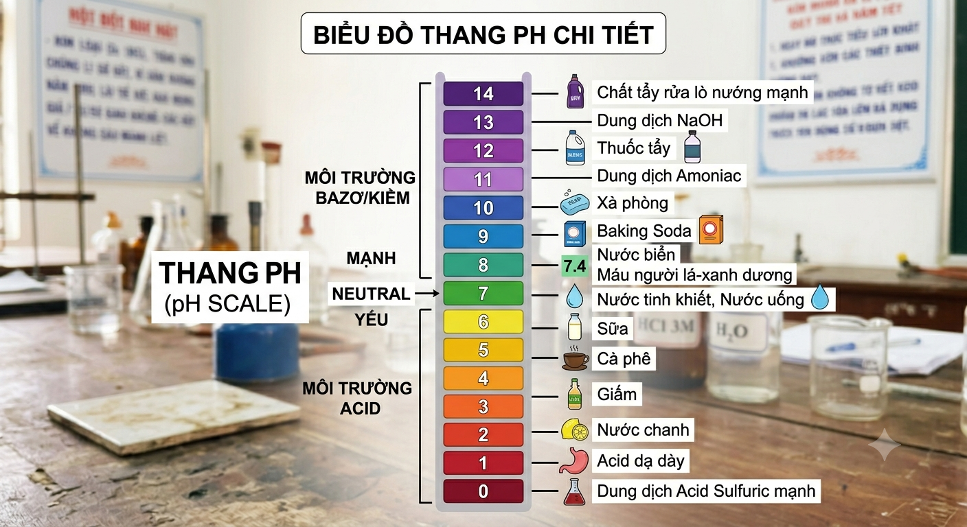 Đây là biểu đồ thang pH với các ví dụ thực tế