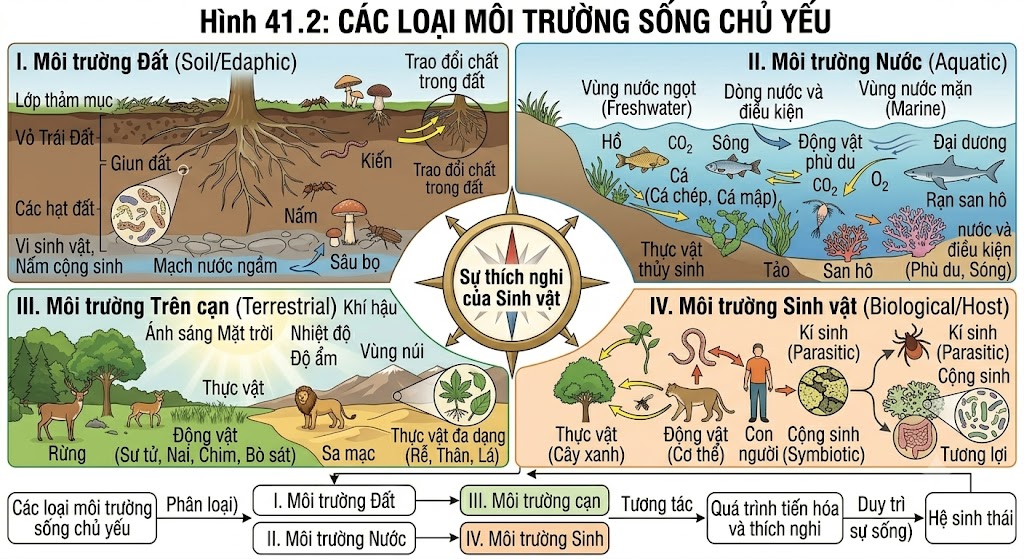 Hình 41.2: Các loại môi trường sống chủ yếu (đất, nước, trên cạn, sinh vật).