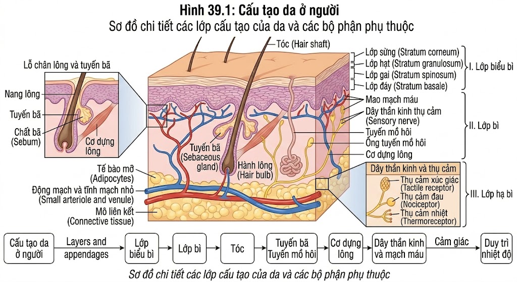 Hình 39.1: Sơ đồ chi tiết các lớp cấu tạo của da và các bộ phận phụ thuộc.