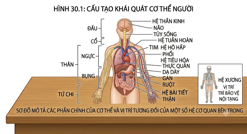 Sơ đồ mô tả các phần chính của cơ thể và vị trí tương đối của một số hệ cơ quan bên trong.