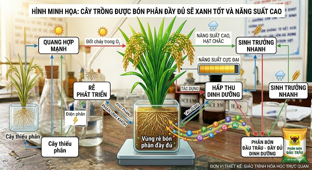 Minh họa cây trồng được bón phân đầy đủ sẽ xanh tốt và năng suất cao