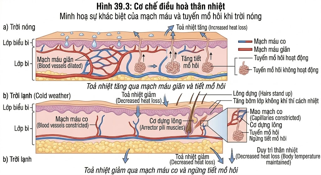 Cơ chế điều hoà thân nhiệt Hình 39.3: Minh hoạ sự khác biệt của mạch máu và tuyến mồ hôi khi trời nóng (a) và trời lạnh (b).