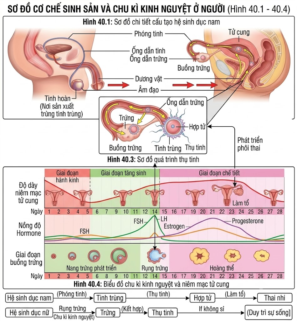 Quá trình thụ tinh và chu kì kinh nguyệt Hình 40.3 & 40.4: Mô tả sự gặp gỡ giữa trứng và tinh trùng, cùng biểu đồ thay đổi niêm mạc tử cung trong chu kì kinh nguyệt.