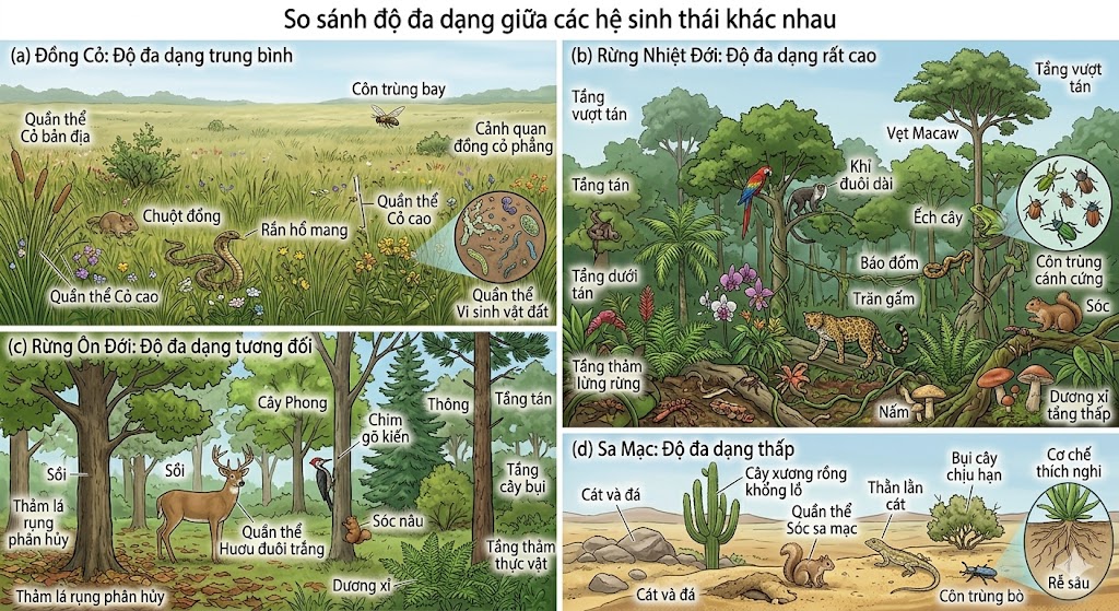 So sánh độ đa dạng giữa các hệ sinh thái khác nhau: