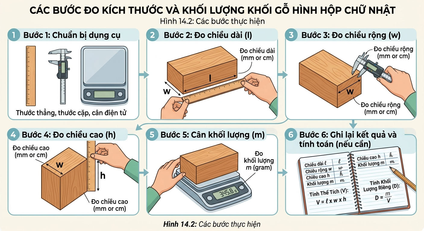 Các bước đo kích thước và khối lượng khối gỗ hình hộp chữ nhật.