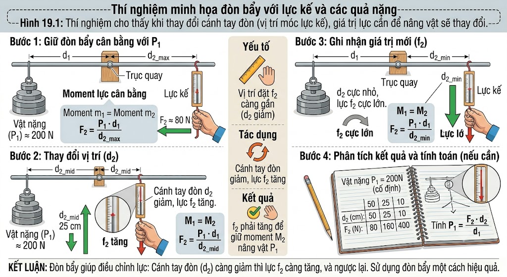 Thí nghiệm cho thấy khi thay đổi cánh tay đòn (vị trí móc lực kế), giá trị lực cần để nâng vật sẽ thay đổi