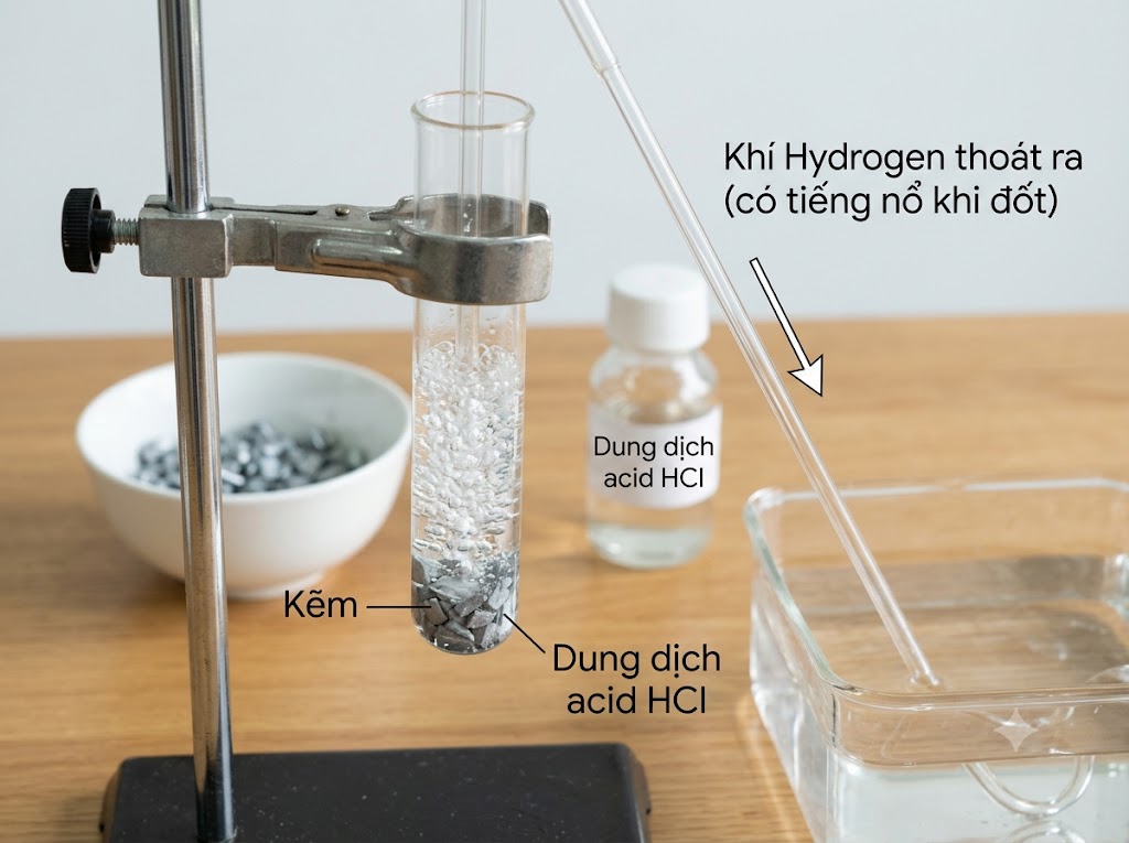 Mô tả thí nghiệm kẽm tác dụng với acid tạo thành muối và khí hydrogen 