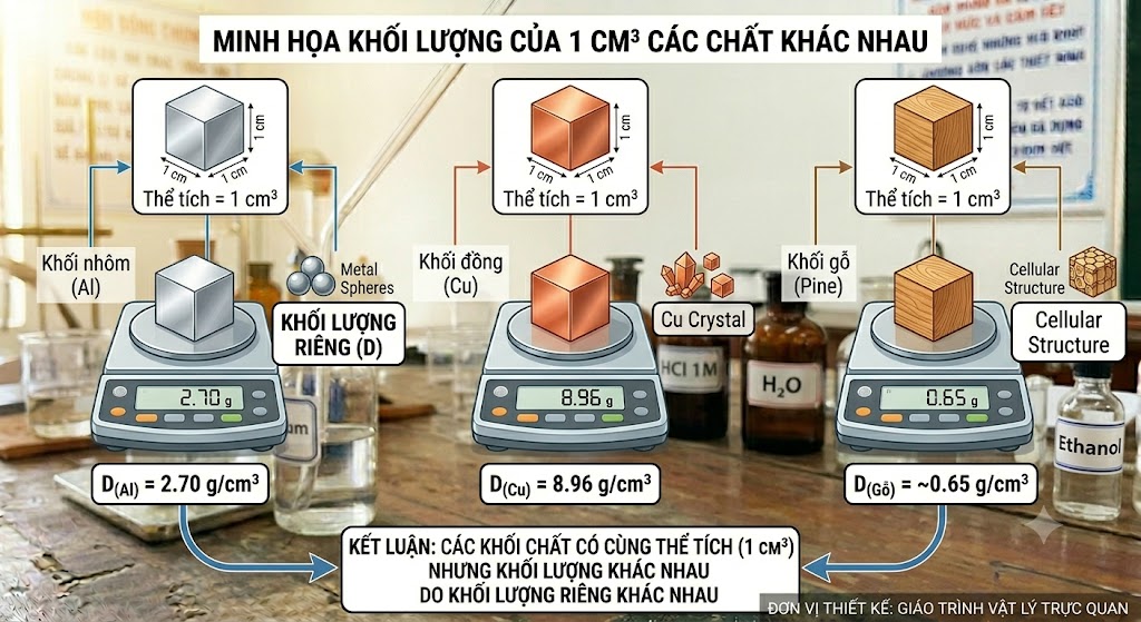 : Các khối nhôm, đồng và gỗ có cùng thể tích 1 cm3 nhưng khối lượng của chúng là khác nhau do khối lượng riêng của chúng khác nhau.