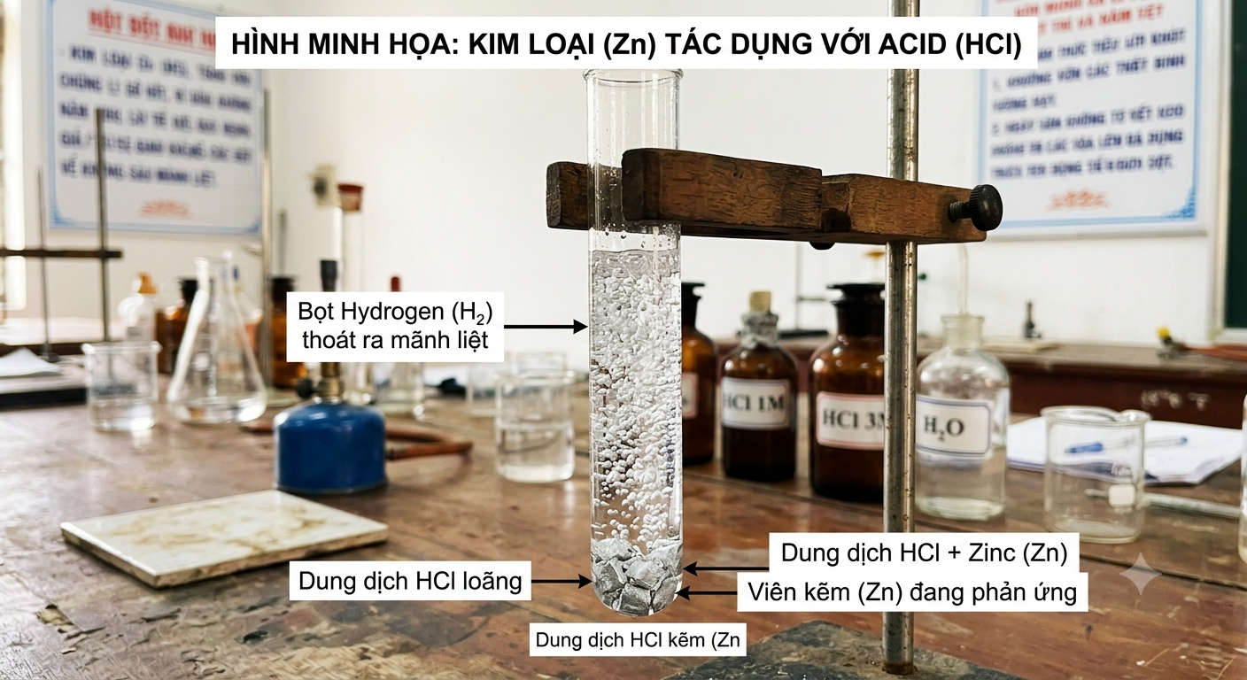Thí nghiệm kim loại tác dụng với acid tạo bọt khí hydrogen