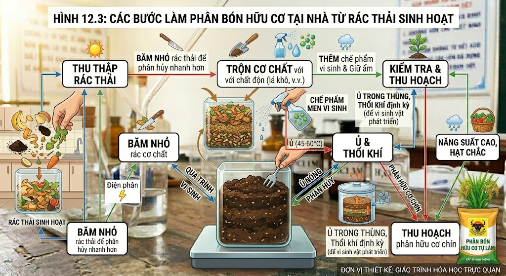 --Image of: --Hình 12.3: Các bước làm phân bón hữu cơ tại nhà từ rác thải sinh hoạt