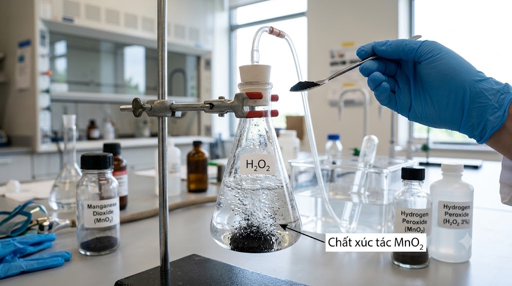 Thí nghiệm sử dụng chất xúc tác MnO2 để phân hủy nước oxy già