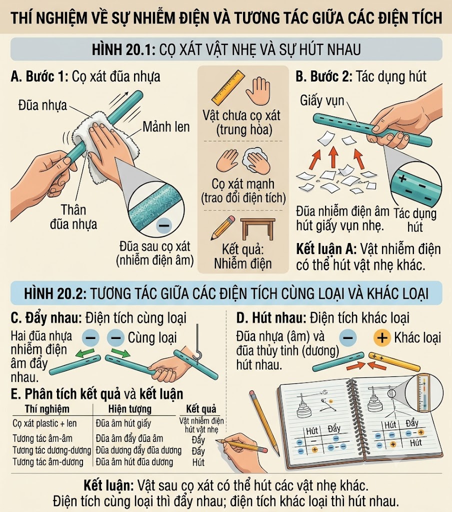 Vật sau cọ xát có thể hút vật nhẹ; điện tích cùng loại thì đẩy, khác loại thì hút