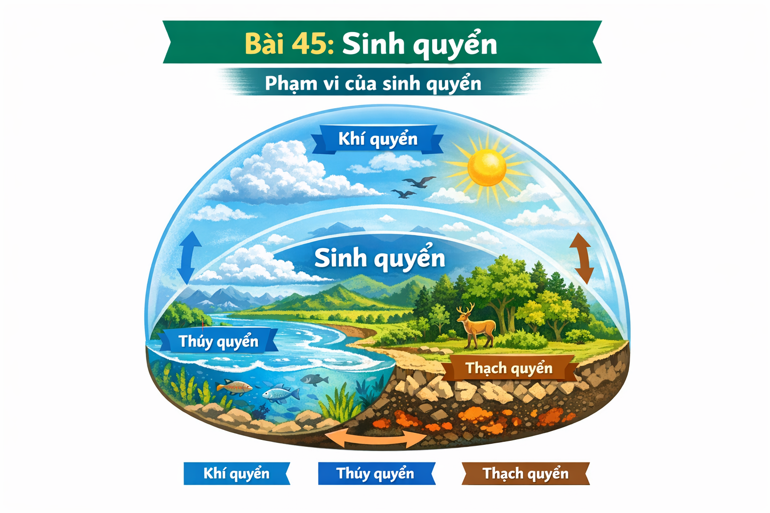  Mô hình mô tả phạm vi của sinh quyển bao trùm lên cả khí quyển, thuỷ quyển và thạch quyển.